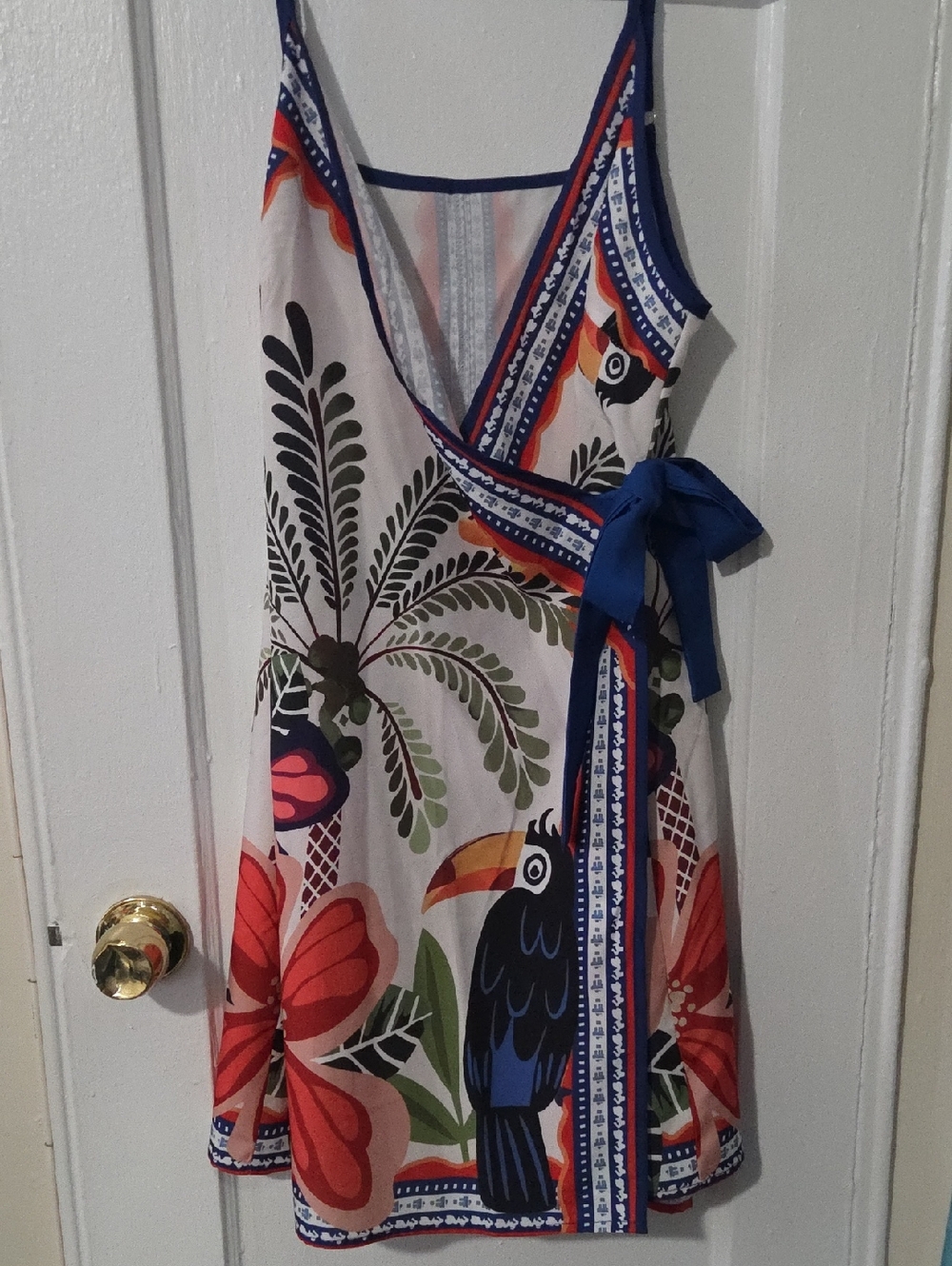 Tropical Print Wrap Boho Cami Sundress in White and Blue M coverup New